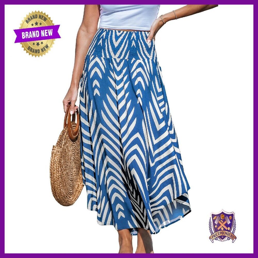 Rayon Smocked Midi Skirt High Waist Casual Vacation Coverup Boho